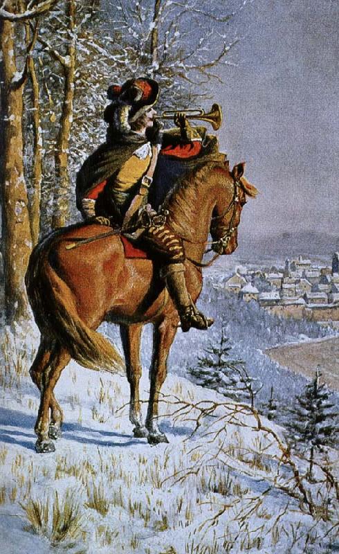 alexis de tocqueville a mounted bugler blowing a large bell instrument. oil painting image